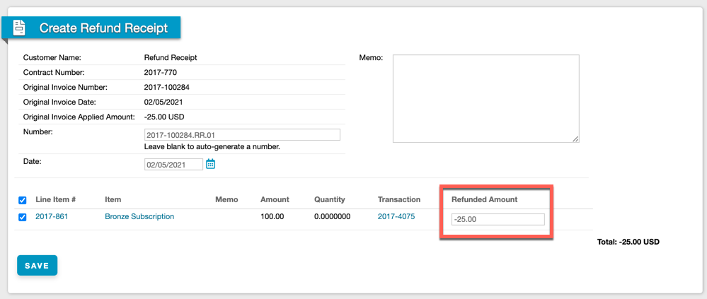 Create Refund Receipt prefilled with a refunded amount of minus 25.00