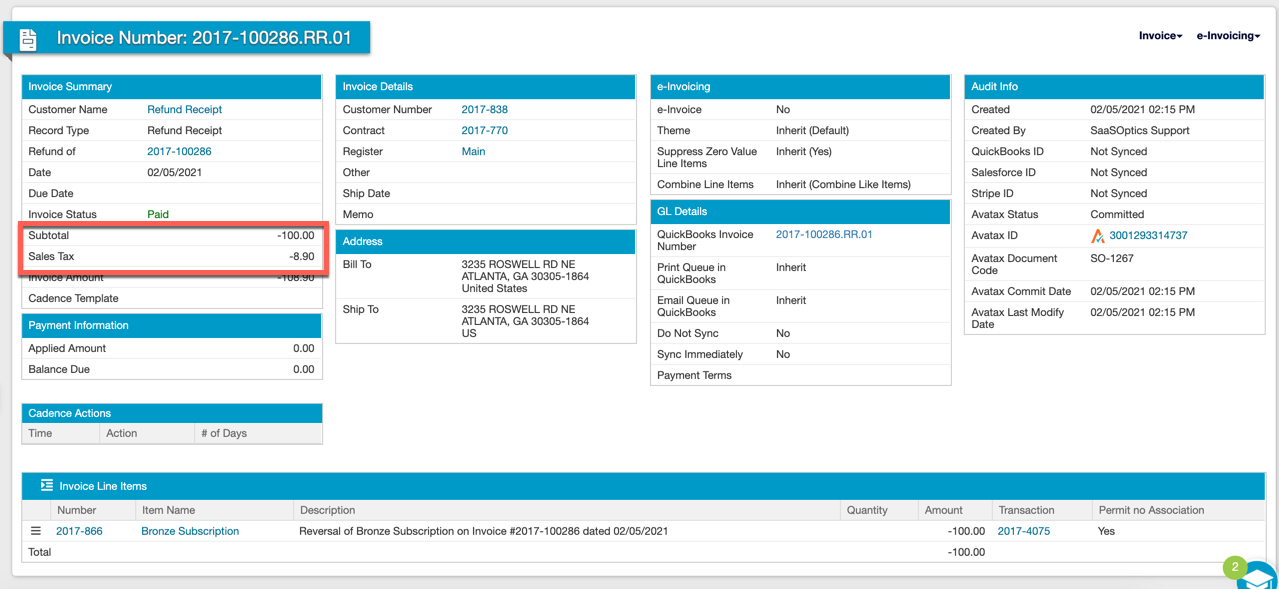 Committed refund receipt at 108.90, with the tax restored