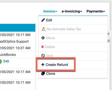 Invoice menu with Create Refund highlighted among edit, re-estimate sales tax, move, delete, void and clone