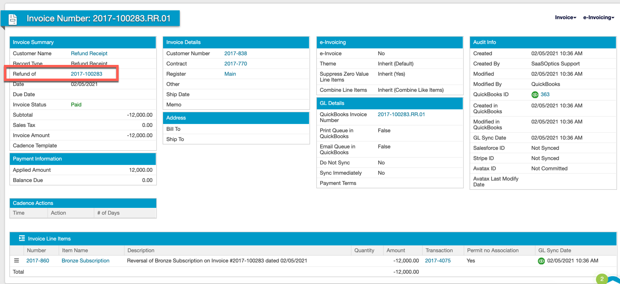 Refund receipt with its link back to the original invoice highlighted