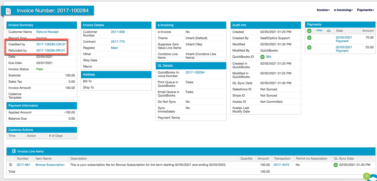 Invoice summary now referencing both the refund receipt and the credit memo raised against it