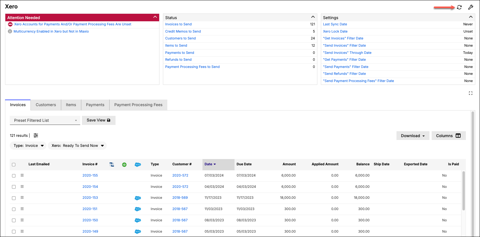 Xero header with the sync control highlighted
