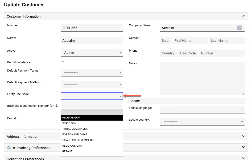 Update Customer form with the entity use code selector open