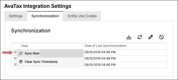 Synchronization tab with a row menu open on Sync Now and Clear Sync Timestamp