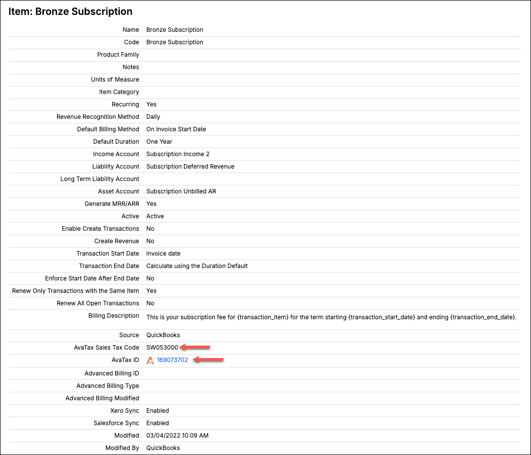 Item profile for a subscription with its AvaTax sales tax code and ID highlighted