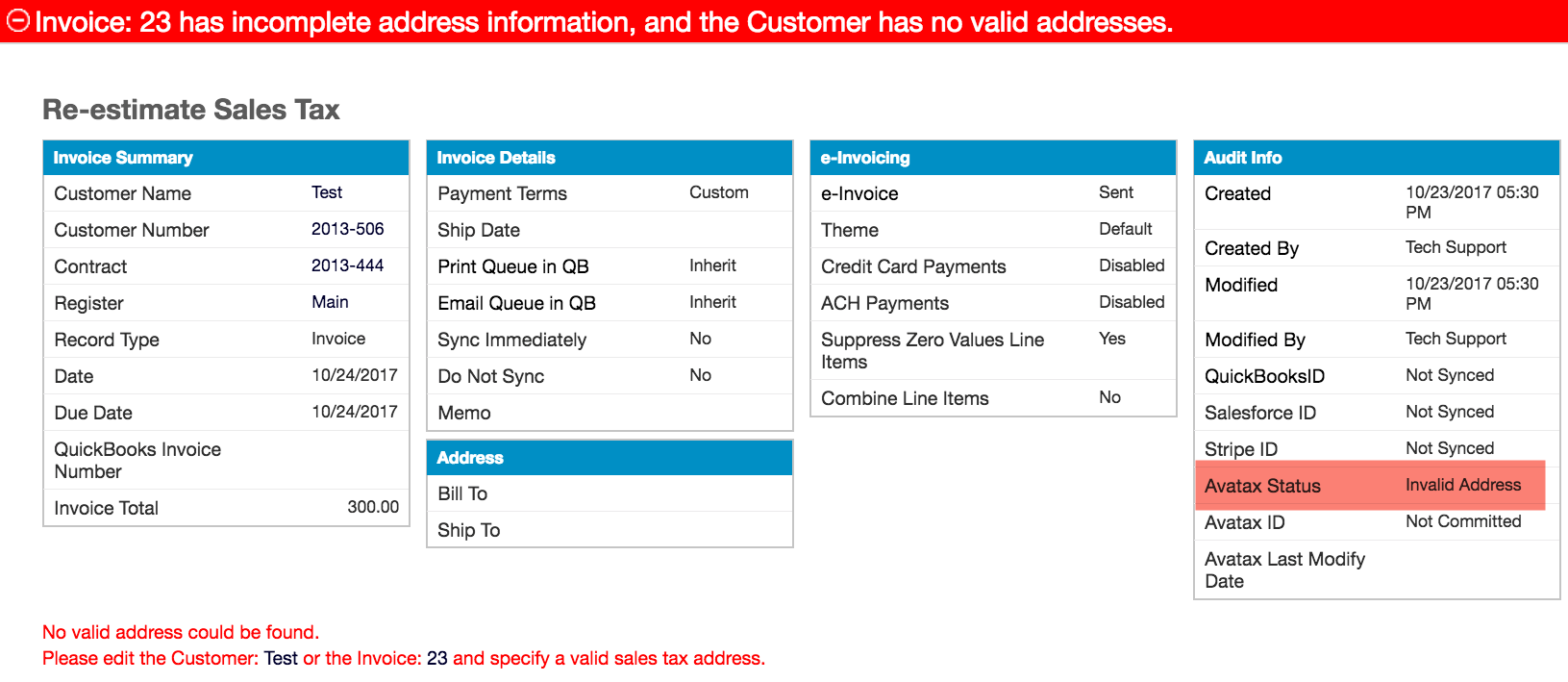 Invoice warning that its address information is incomplete and the customer has no valid addresses