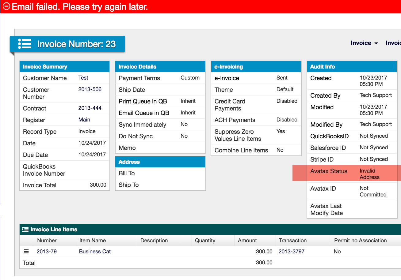 Invoice with an email-failed banner and an AvaTax status of invalid