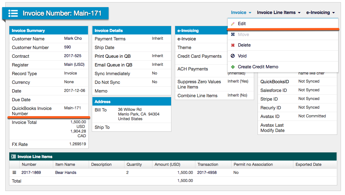Invoice menu without commit or re-estimate sales tax entries, showing only edit, move, delete, void and create credit memo