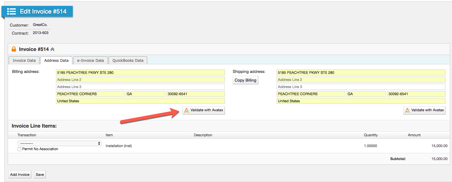 Address Data tab with a Validate with AvaTax control