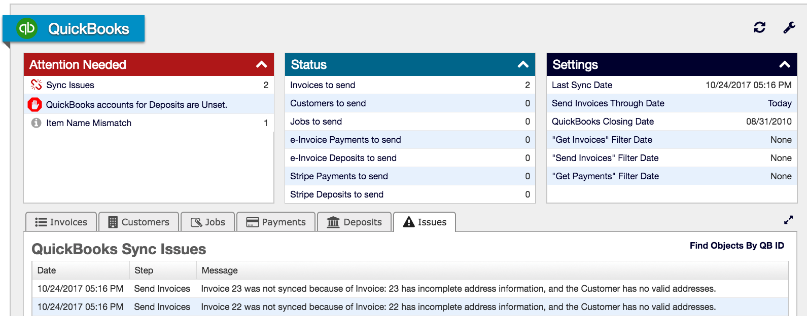 QuickBooks sync issues showing a general ledger error caused by an incomplete address