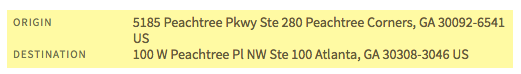 Origin and destination addresses recorded on an Avalara transaction