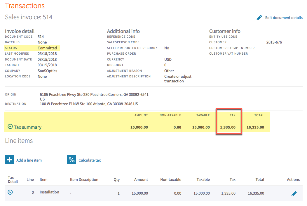 Avalara transaction showing a non-zero tax amount for an invoice Maxio recorded as zero