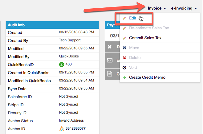 Invoice menu with Edit highlighted