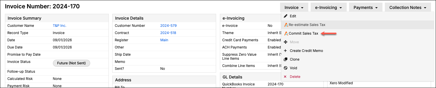 Invoice menu with Commit Sales Tax highlighted