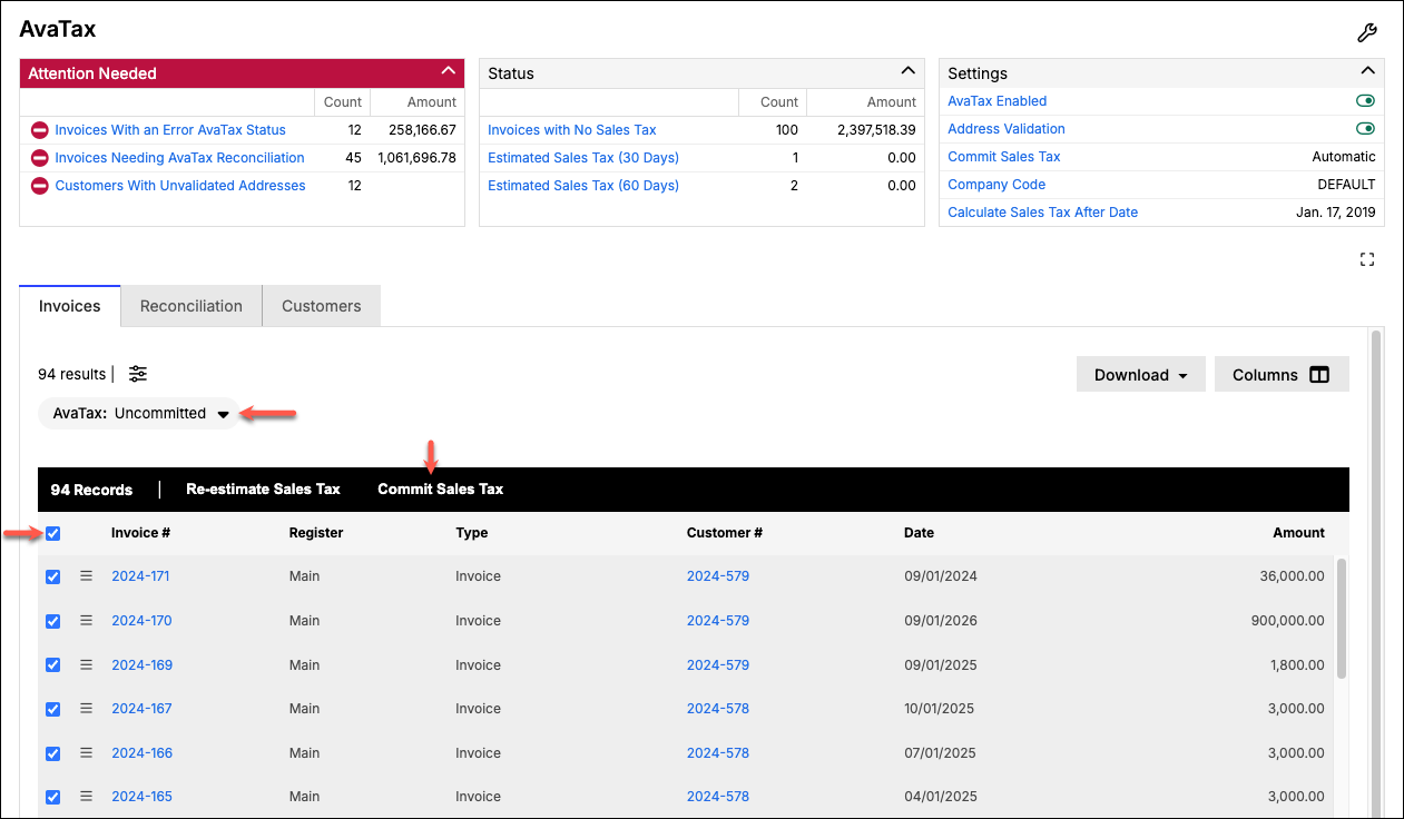 AvaTax invoice list with row checkboxes and bulk re-estimate and commit controls