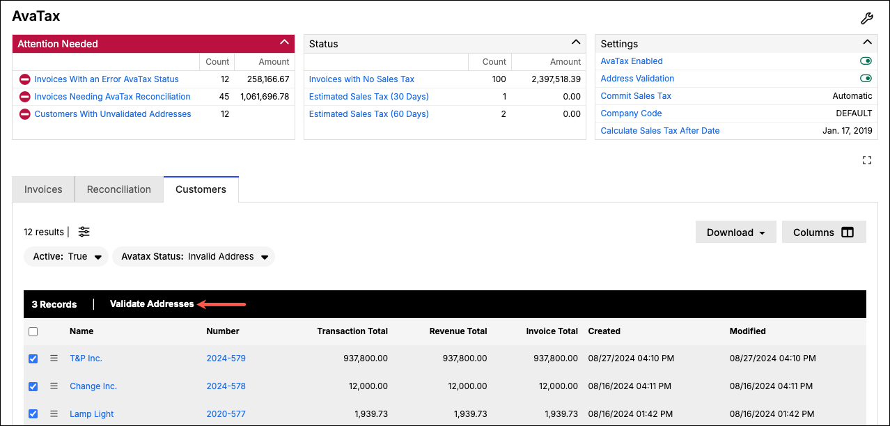 AvaTax customers tab with row checkboxes and a bulk validate-addresses action