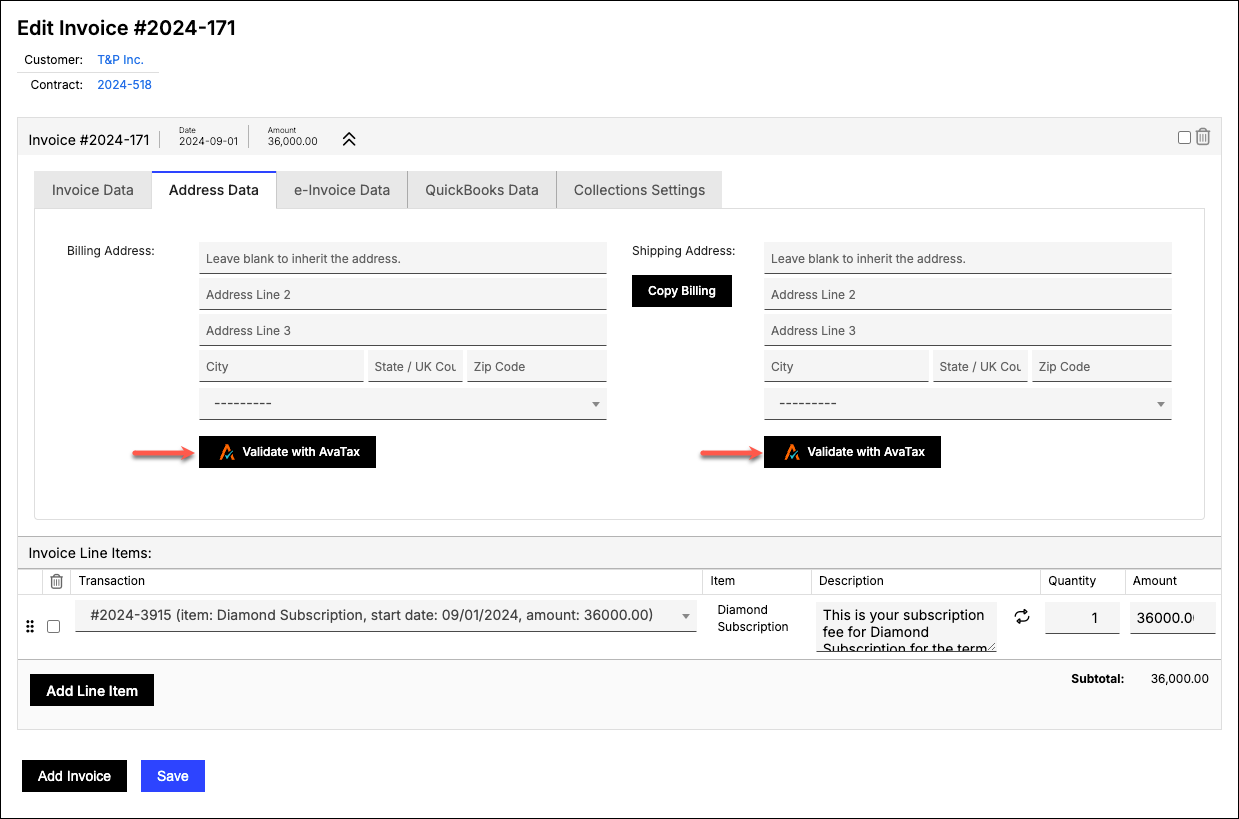 Address Data tab with billing and shipping panels, each with a Validate with AvaTax control