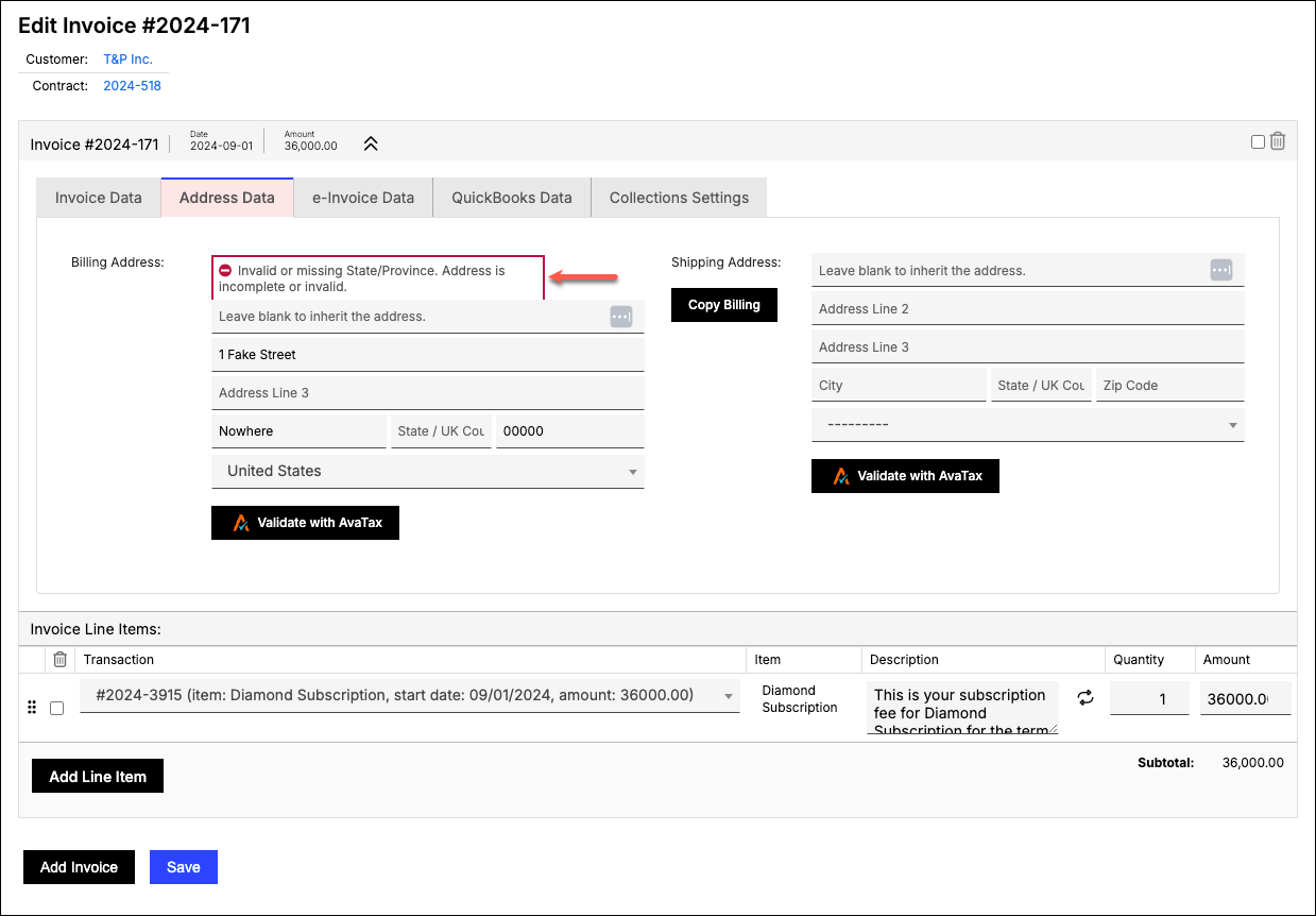 Edit Invoice address tab with an alert that the state or province is invalid and the address incomplete