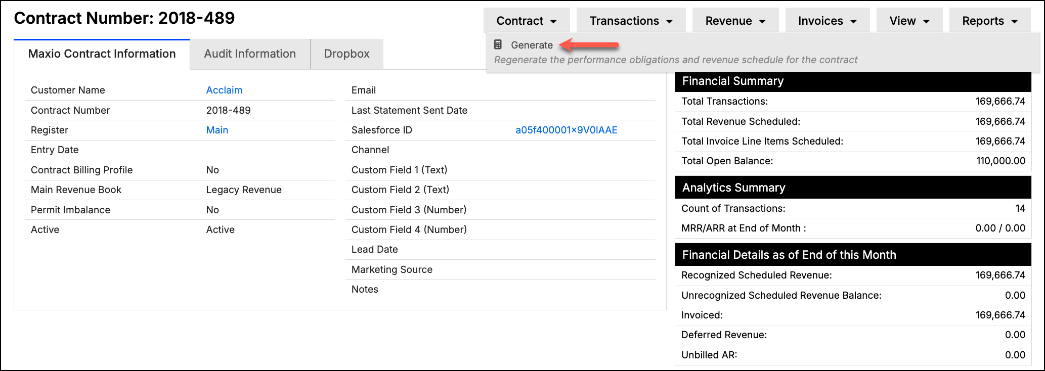 Contract view with the Revenue menu open on Generate
