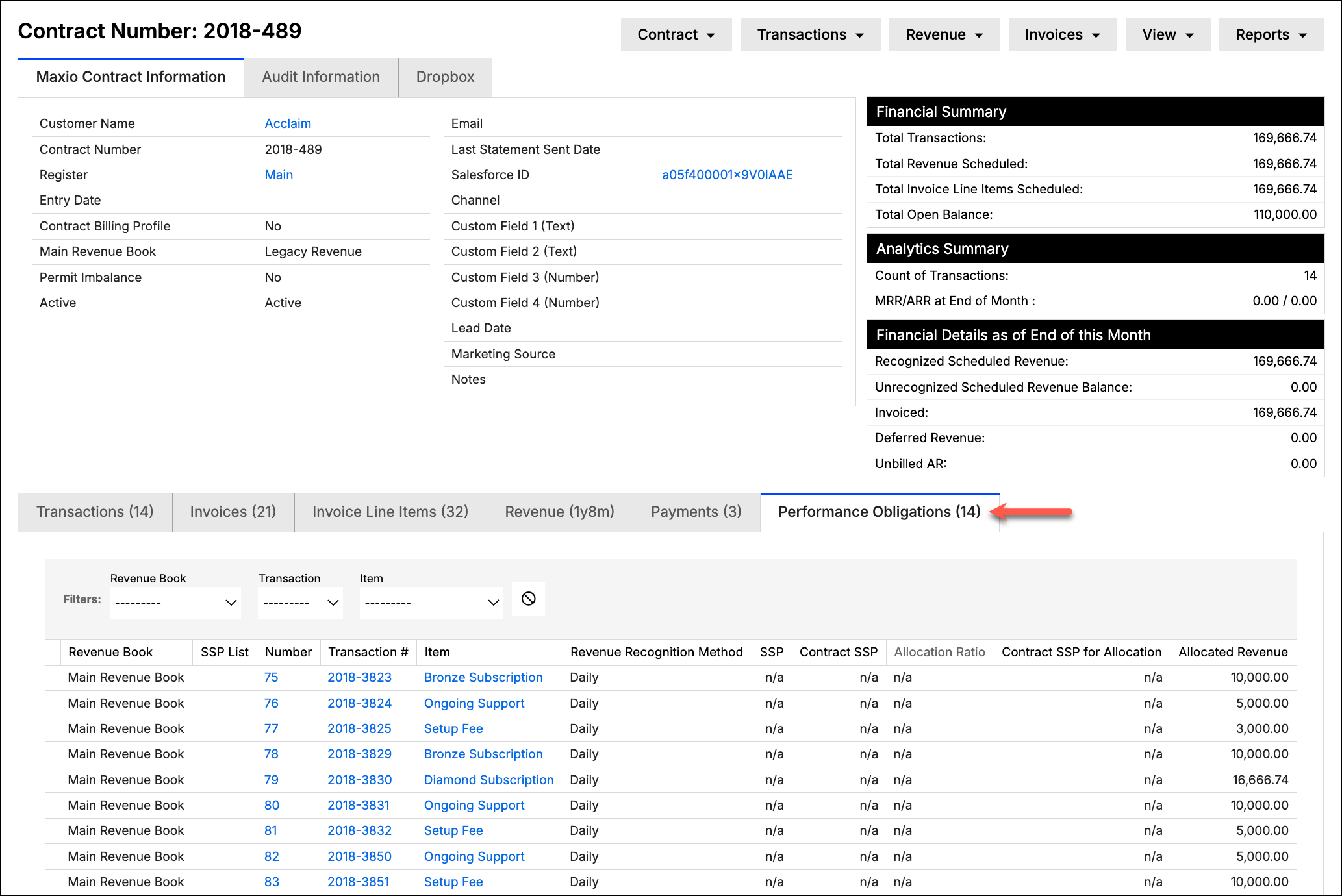 Performance obligations tab showing revenue allocated by obligation