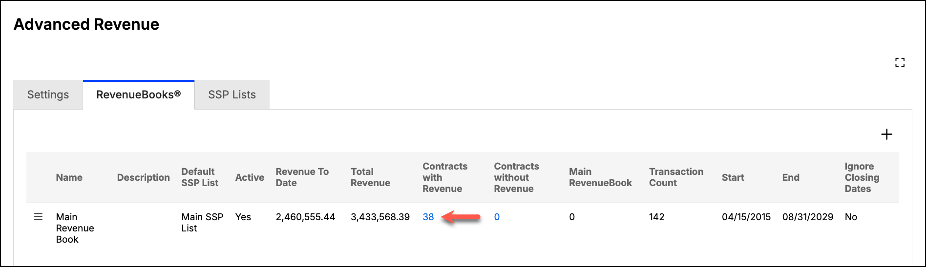 Advanced Revenue RevenueBooks page counting contracts without revenue
