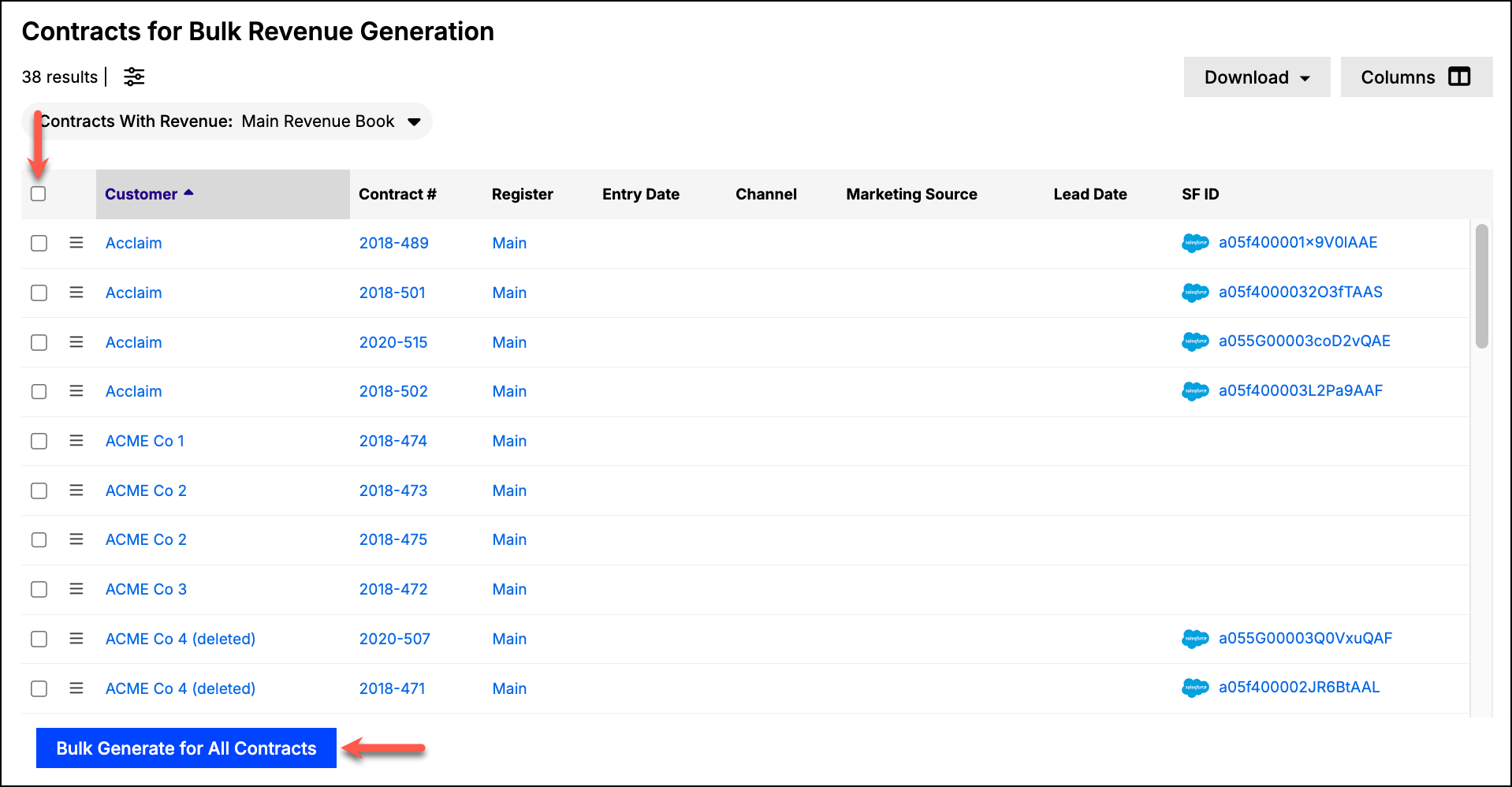 Bulk contract selection list with row checkboxes