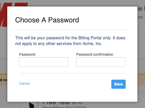 Choose a Password dialog clarifying the password applies only to the Billing Portal, not the merchant's own service