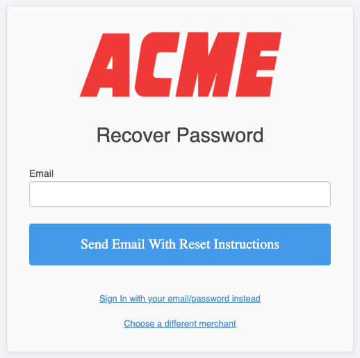 Recover Password screen with an email field and a reset control