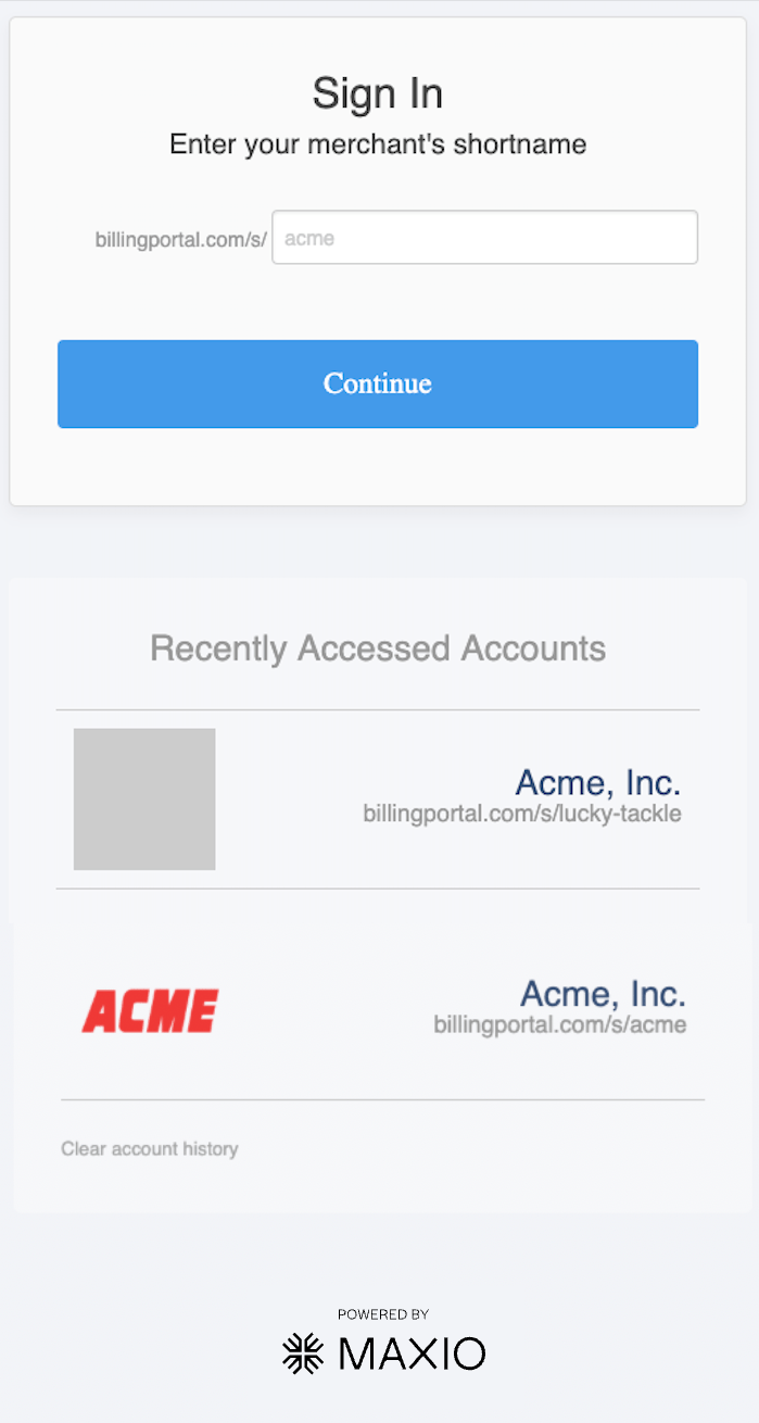 Merchant shortname prompt with a list of recently accessed accounts