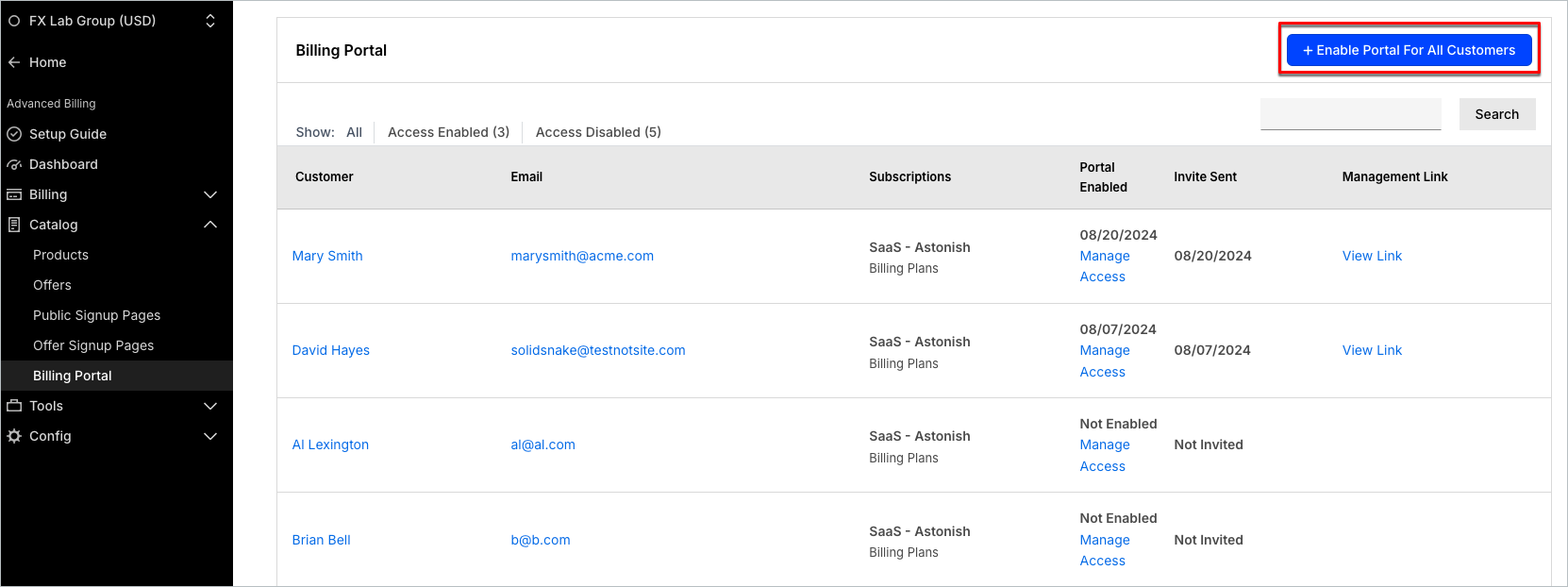 Customer list with the Enable Portal for All Customers action highlighted