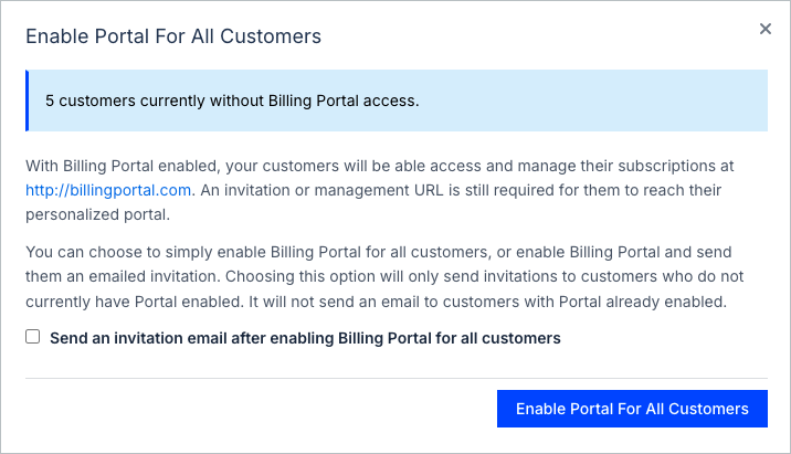 Enable Portal for All Customers dialog counting customers without access and explaining who receives an invitation