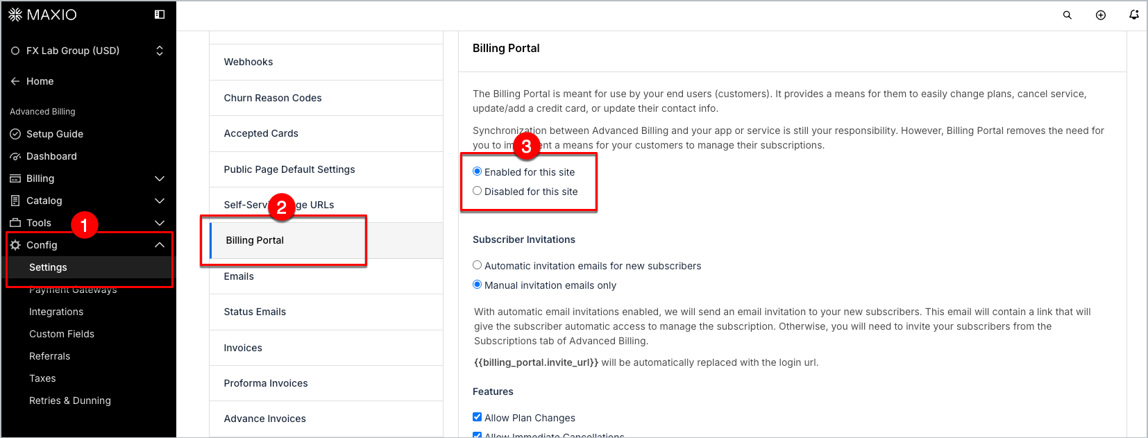 Billing Portal settings annotated to show the enable control and what it depends on
