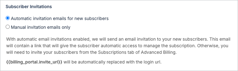 Invitation settings offering automatic or manual invitations, each explained