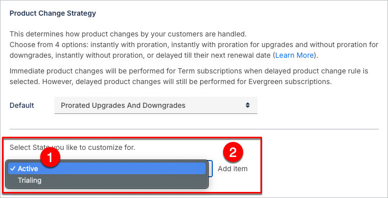 Per-product strategy assignment pairing a product selector with a strategy selector, numbered as steps