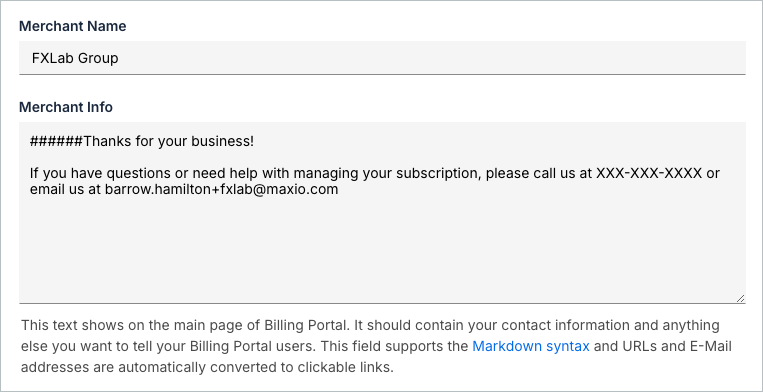 Merchant name and company information fields for the portal header