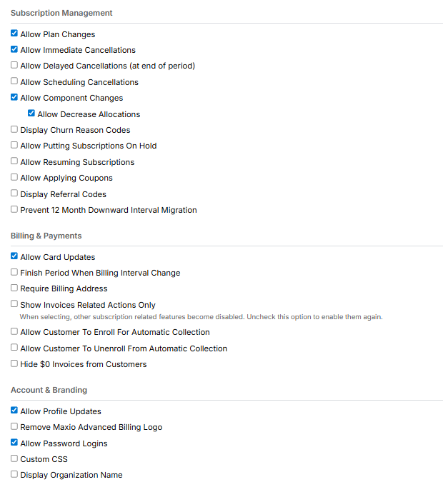 Billing Portal features checklist covering plan changes, cancellations, card updates, component changes and profile updates