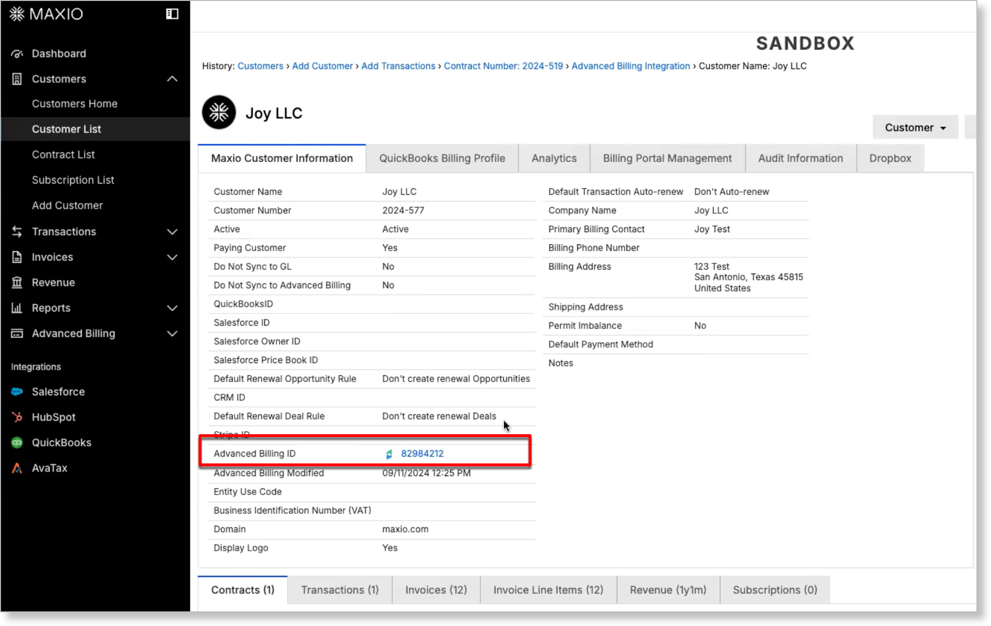 Customer record showing the assigned Advanced Billing ID