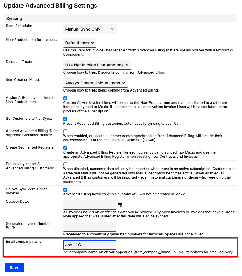 Advanced Billing settings with the Email company name field highlighted