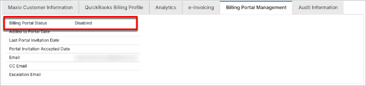 Billing Portal Management tab with the Billing Portal Status field highlighted, showing Disabled