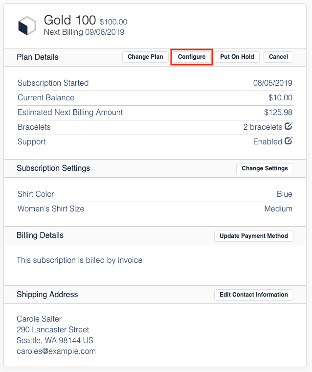 Billing Portal Plan Details panel with the Configure button highlighted, showing Bracelets and Support with edit icons