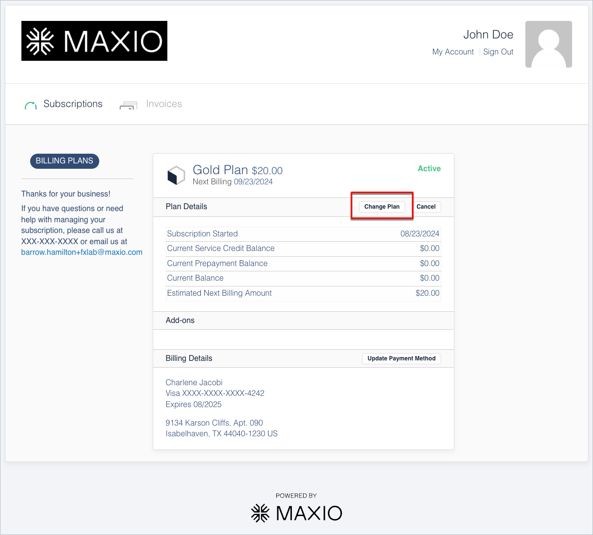 Billing Portal subscription panel with the Change Plan control highlighted