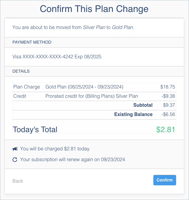 Confirm This Plan Change screen with the payment method, prorated credit and today's total