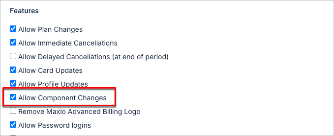 Billing Portal features checklist with Allow Component Changes highlighted