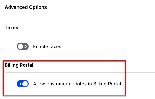 Product advanced options with Allow customer updates in Billing Portal highlighted