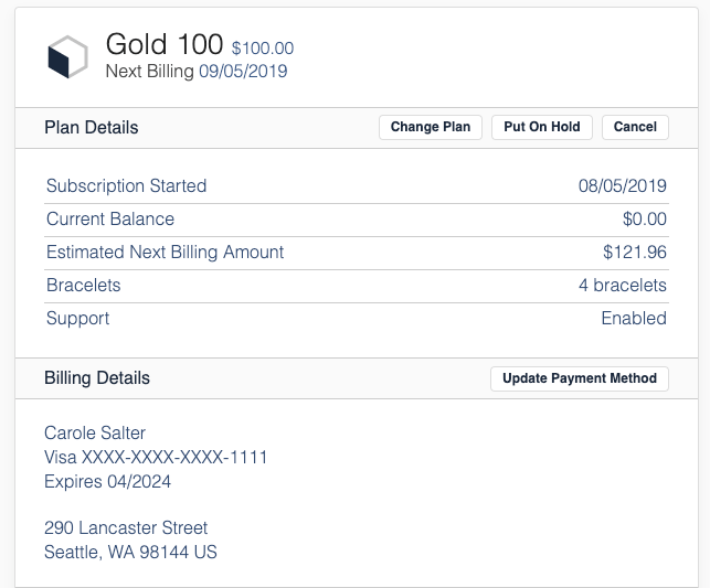 Billing Portal Plan Details panel listing Bracelets and Support as purchased items, alongside Subscription Started, Current Balance, and Estimated Next Billing Amount