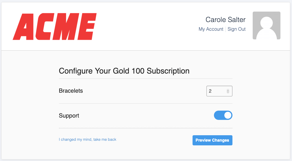Configure Your Gold 100 Subscription screen with a quantity stepper for Bracelets and a toggle for Support