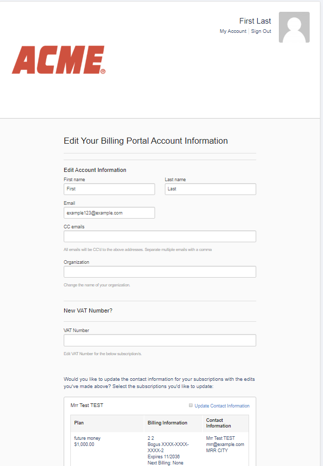 Edit Your Billing Portal Account Information form with name, organization, email, password and VAT number fields