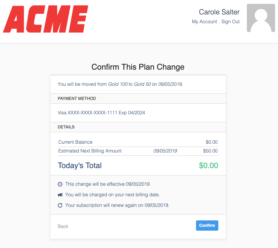 Confirm This Plan Change screen with payment method, prorated credit, estimated next billing and today's total