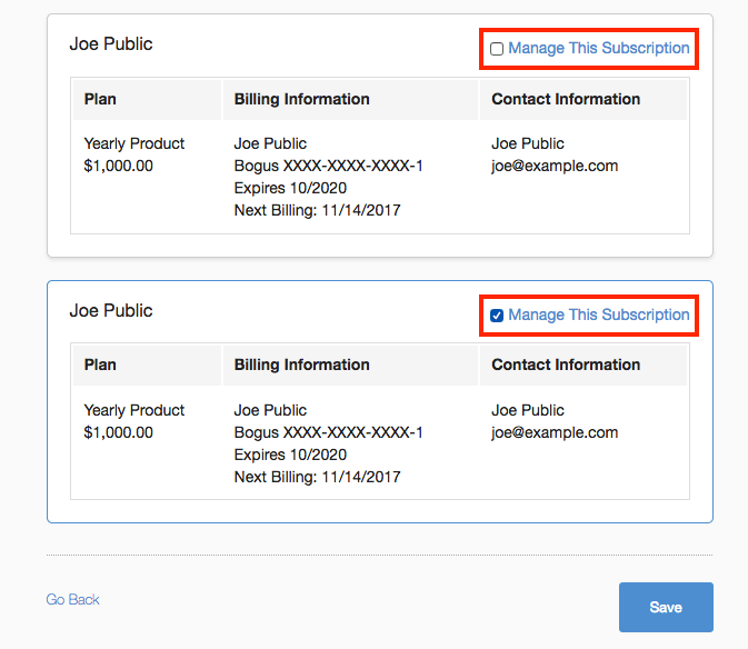Subscription confirmation at the selection step, with a manage checkbox per subscription and a save control