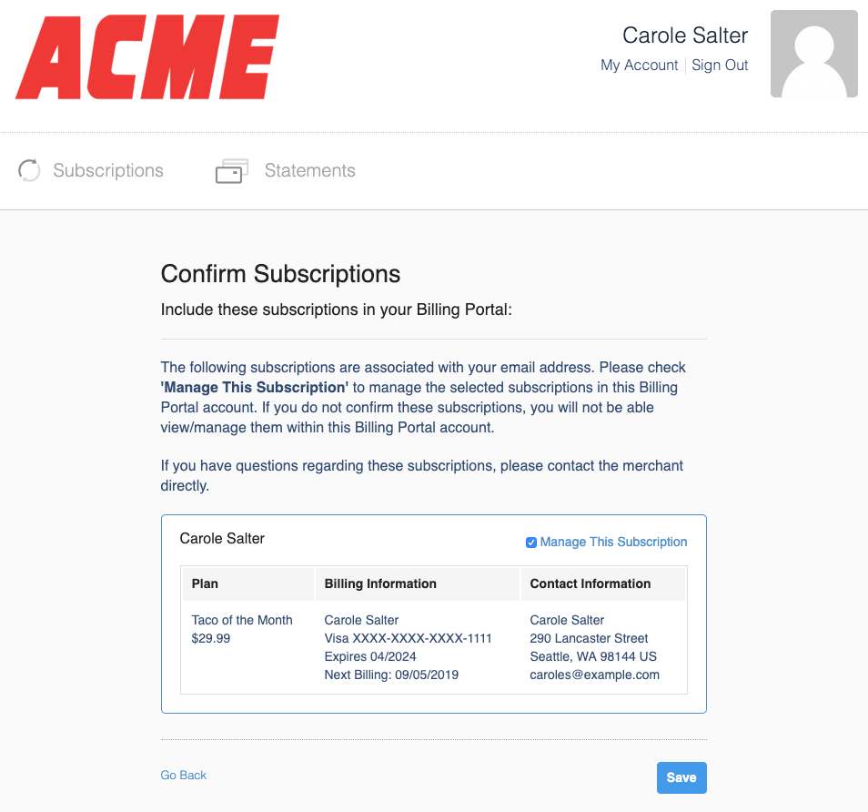 Confirm Subscriptions screen tabulating each plan with its billing and contact information